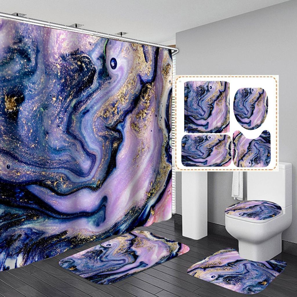 4Pcs Luxury Marble Shower Curtain Sets Bathroom Decor Sets with 12 Hooks Bath Mat Toilet Lid Rug and Non-Slip U Shape Mat