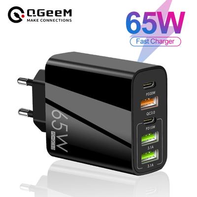 QGeeM USB-зарядное устройство мощностью 65 Вт, быстрая зарядка QC 3.0 PD 3.0, настенная зарядка, 5-портовый адаптер с вилкой европейского стандарта для путешествий