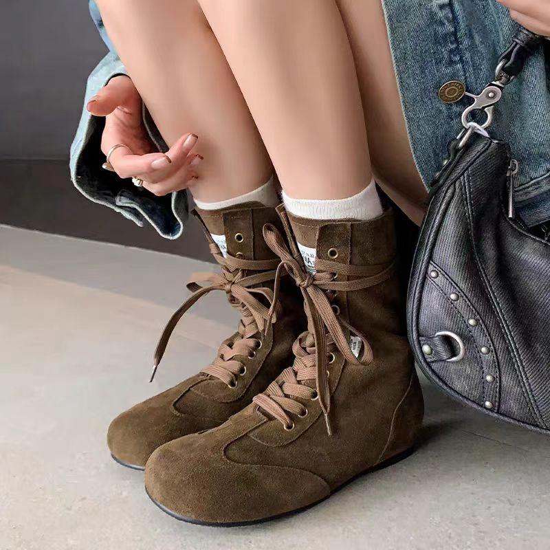 Fashion Autumn New Low Heel Single Boots Women's Fashion Round Head Suede Front Lace-up Anti-slip Wear-resistant Short Boots