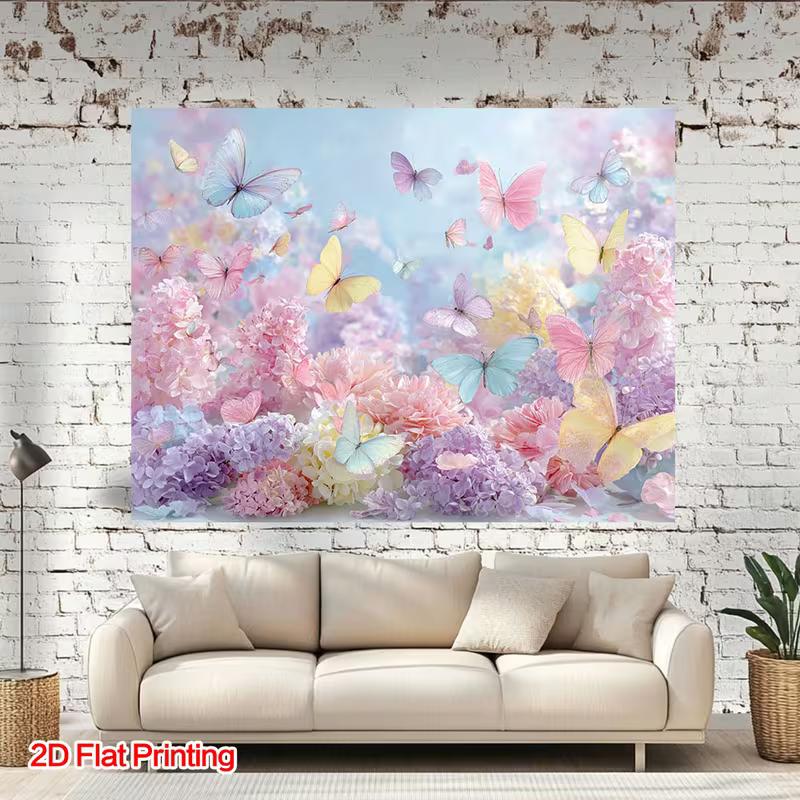 2D Pastel Aesthetic Banner, Hydrangea Garden with Colorful Butterflies