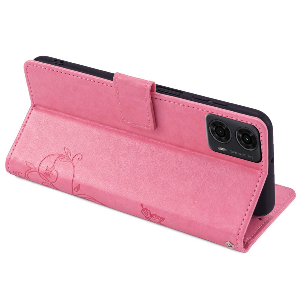 Кожаный чехол-кошелек для Motorola Moto E14 4G/G04 4G/G04s 4G/G24 4G со слотами для карт, с рисунком бабочки и цветка, чехол для телефона со шнурком