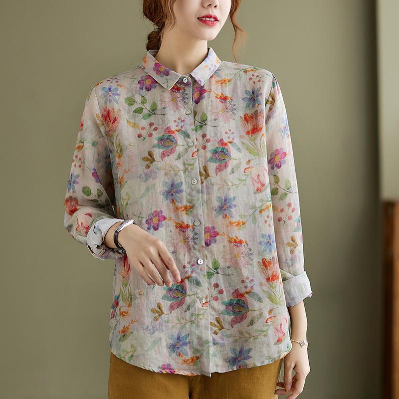 Spring Cotton and Linen Retro Loose Long Sleeved Collared Shirt Top for Women