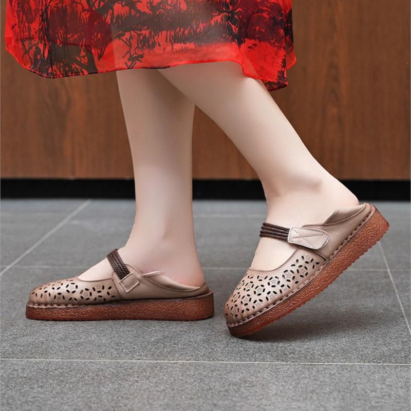 Johnature Women's Flat Shoes Retro Round Toe Genuine Leather Hollow-out Breathable Soft Soled Sandals