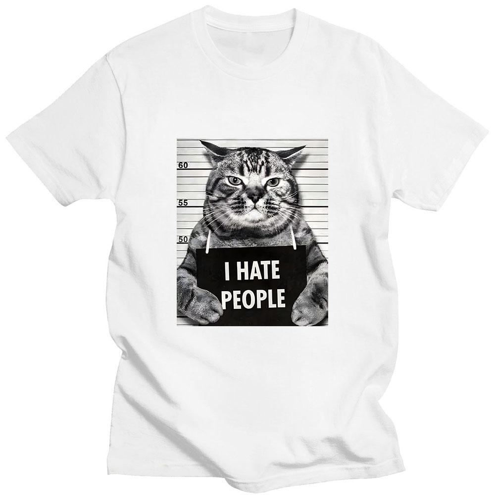 I Hate People Meow Print T-shirt Fun Cat Print T Shirts Loose Street Short Sleeve Female/Male 100% Cotton Clothing Casual Tshirt