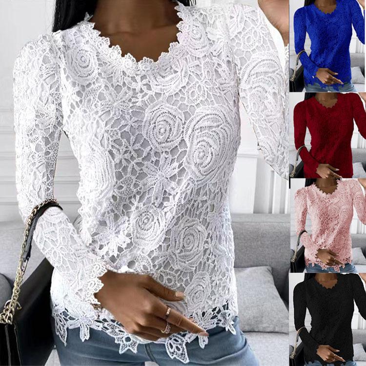 Women's Round Neck Solid Lace Long Sleeve Top