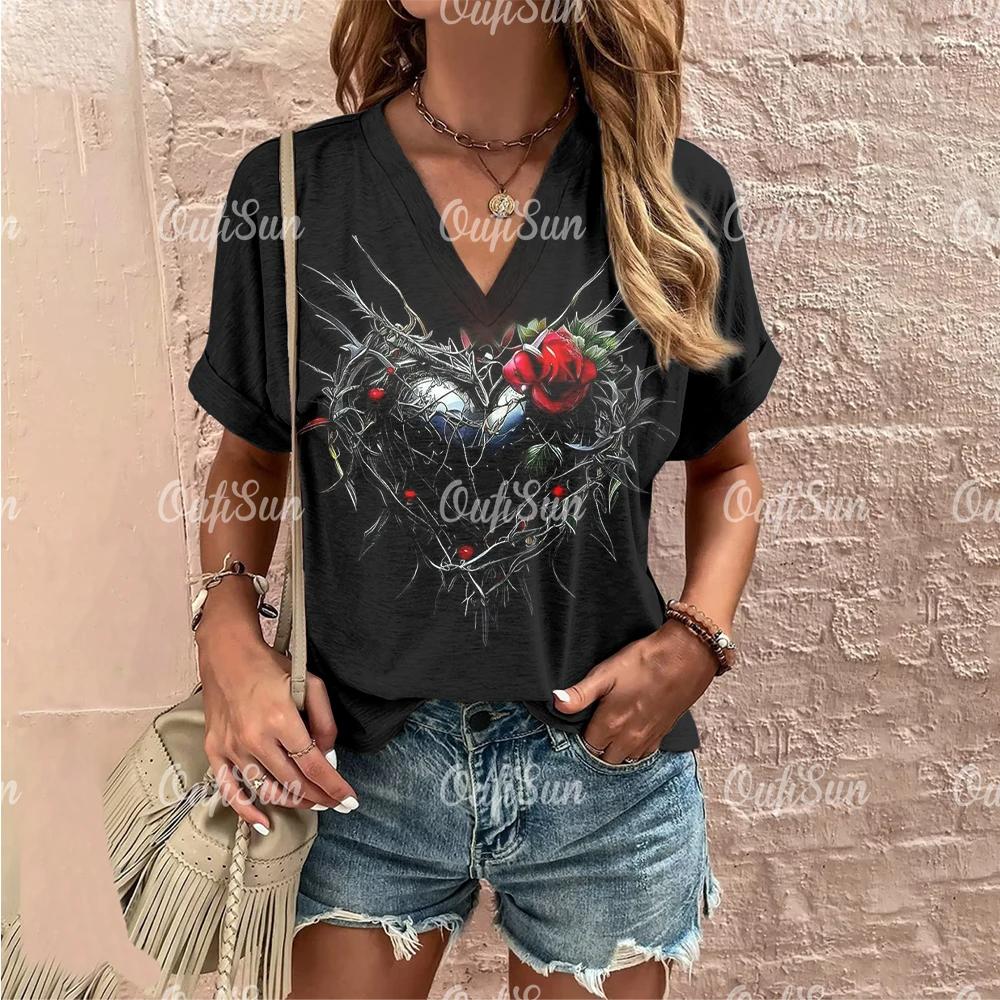 Summer Women Fashion T-shirt Vintage Floral Rose Pattern V-Neck Tops Tees Female Short Sleeve Clothing Ladies Casual Streetwear