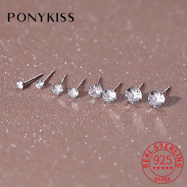 PONYKISS Настоящие круглые серьги-гвоздики из стерлингового серебра с цирконами для женщин Классические Тонкие Минималистичные Аксессуары для пирсинга ушей