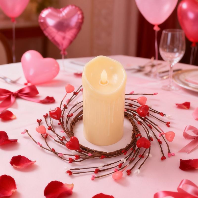 Valentine Candle Rings Wreaths Heart Berries Candle Holders Mini Wreaths for Party Wedding Window Table Centerpieces