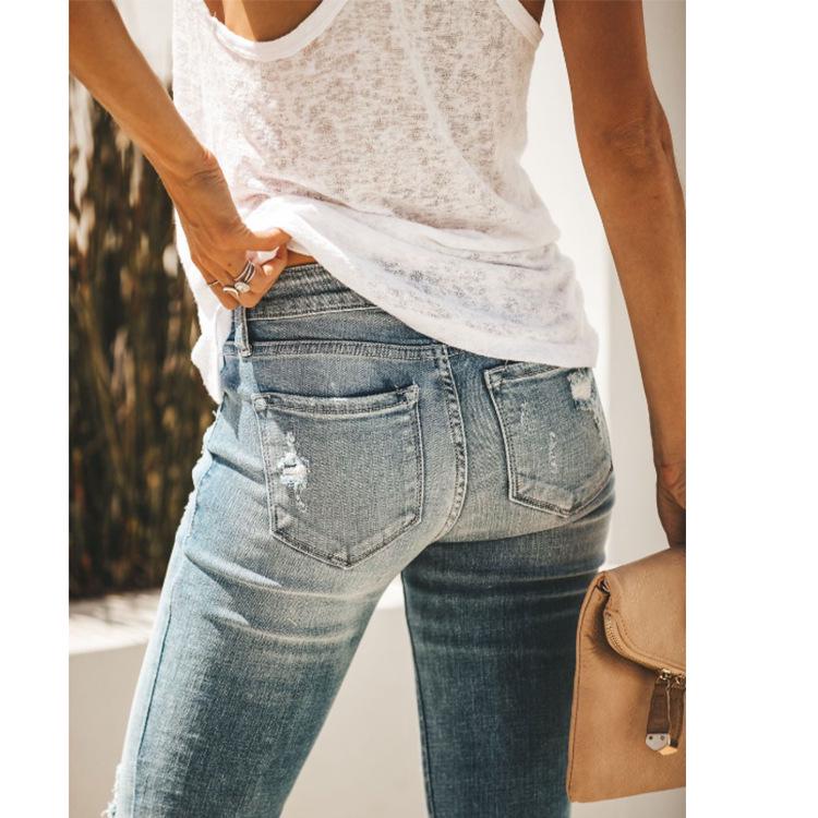 European And American Women'S Jeans Slim Fit, Revealing A Sexy Ripped Hole, Mid Rise Denim Pants