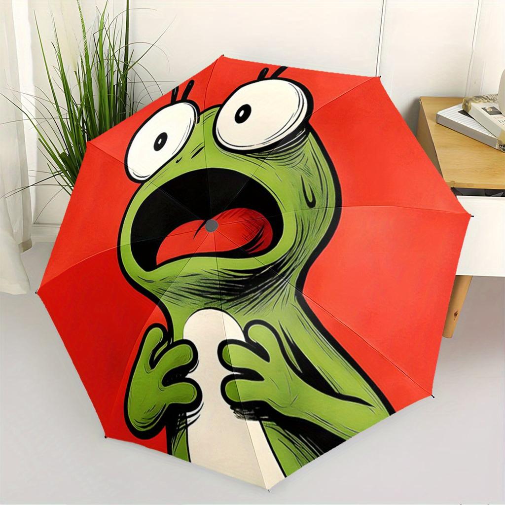 Automatic Open/Close Umbrella with Surprised Frog Design - Compact Folding Umbrella, Portable Travel Umbrella with 8-Rib Stron
