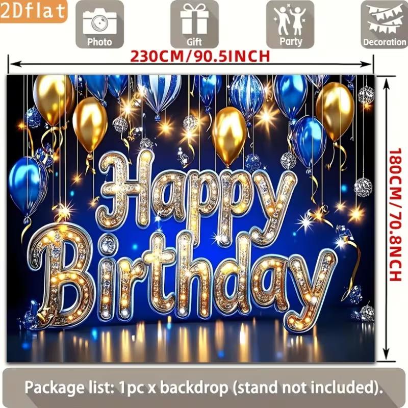 2D Blue Gold Balloon Birthday Backdrop with Marquee Letters for Photo Booth