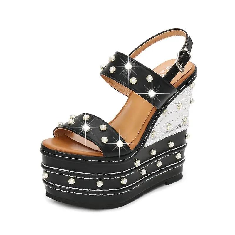 Модные 16 см Босоножки на платформе и танкетке на супервысоком каблуке Летняя обувь Женская обувь со стразами Открытый носок Пляжная обувь Туфли-лодочки Шлепанцы Летняя обувь
