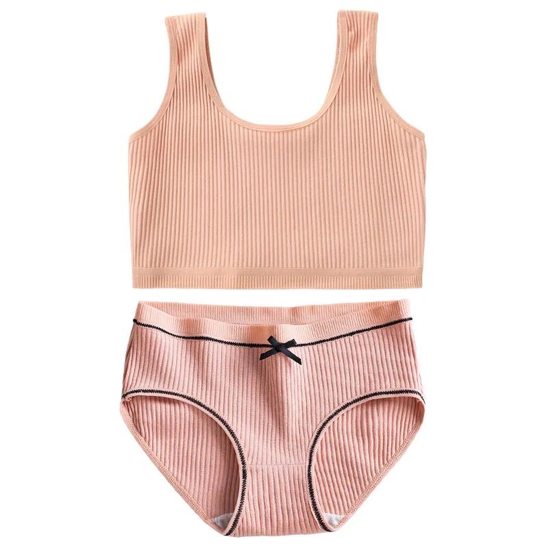 Хлопковые трусики и бюстгальтеры для девочек-подростков, хлопковый тренировочный бюстгальтер и трусики для девочек-подростков, однотонный детский спортивный бюстгальтер, трусы, нижнее белье