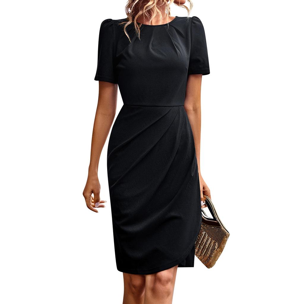 Fashionable, Leisurely And Sexy Women's Solid Color Mid-length Skirt Women's Summer Temperament Round Neck Dress