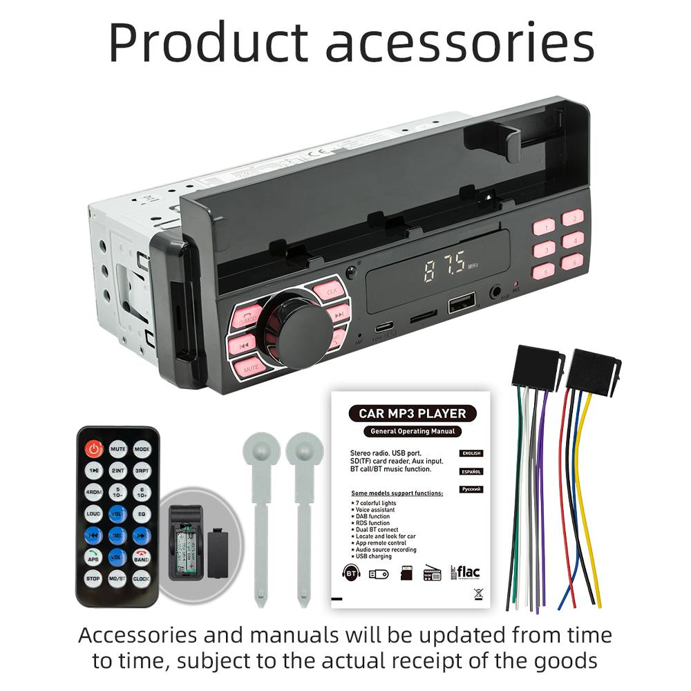 Bluetooth car radio 1 din, 4X45W, FM radio Bluetooth AUX, MP3 FLAC USB Flash drive microSD, Microphone Hands Free,Phone Holder and charging
