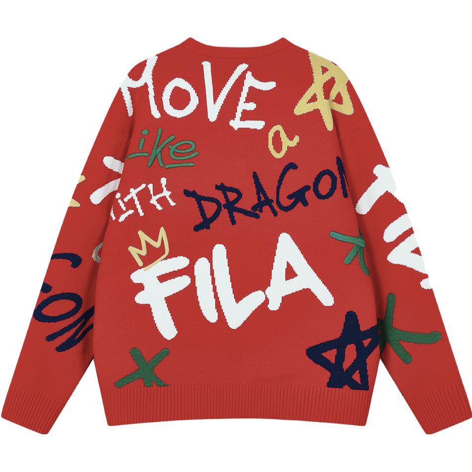 Fila Da Da Dragon Series Новогодний парный вязаный свитер с цветными блоками и забавным рукописным узором, унисекс, легендарно-красный F11U419402F-RD