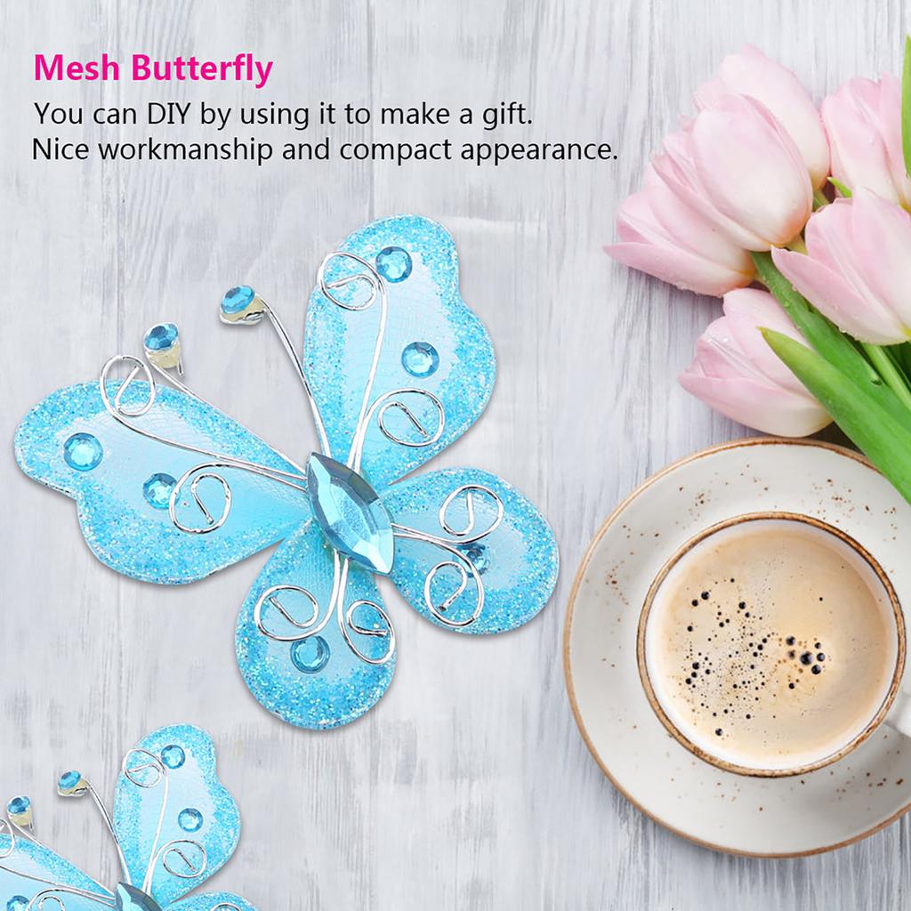 24pcs Sheer Mesh Wire Glitter Butterfly Wedding Party Clothing Decoration DIY Supplies Blue