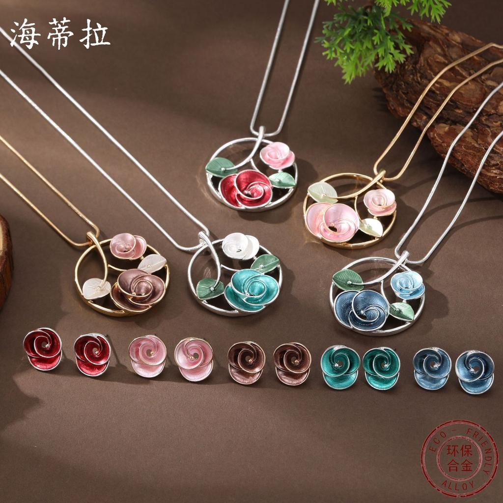 Новый эмалевый цвет полые геометрические серьги-пусеты с розой подвеска набор женская мода ожерелье с розой