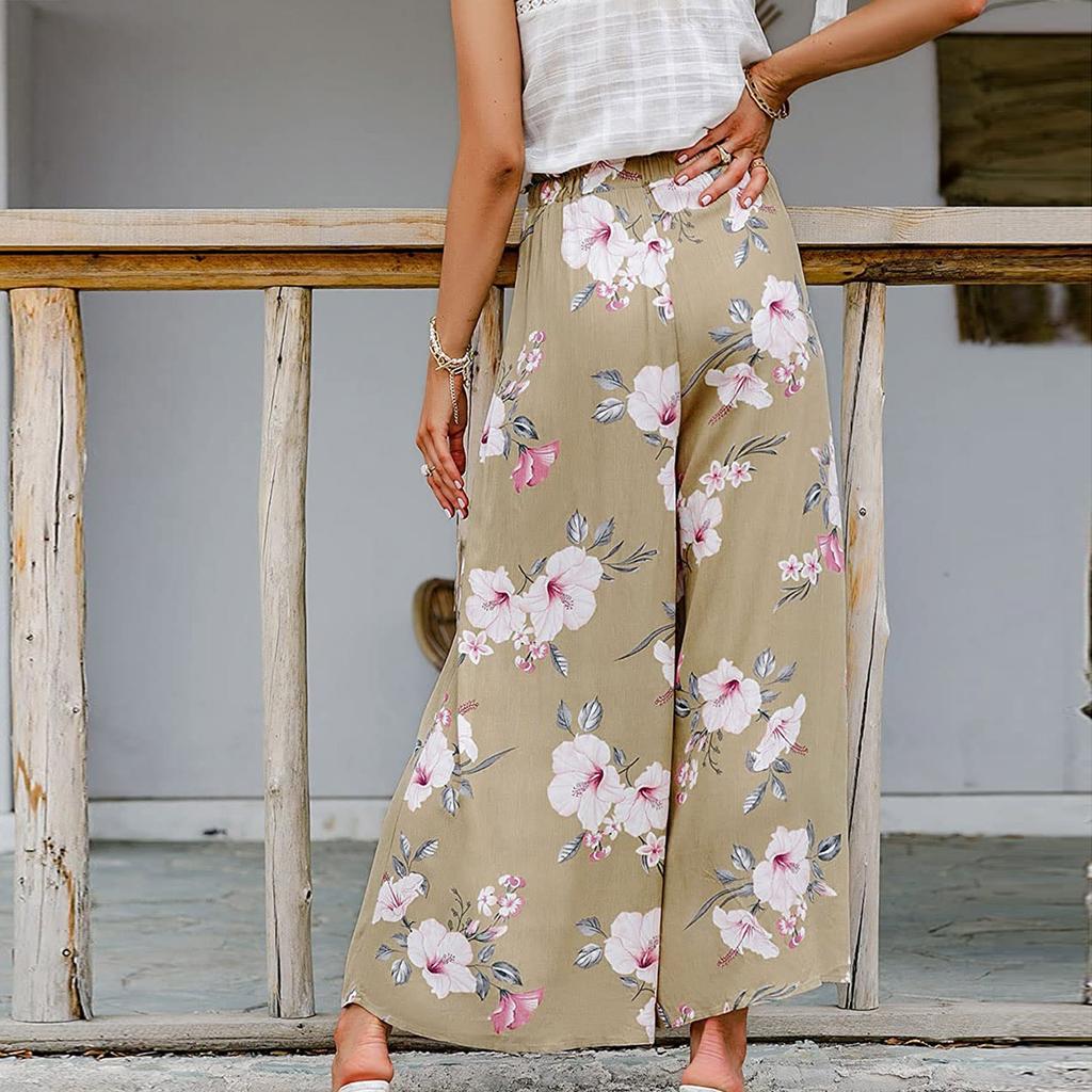 Женские брюки с принтом, эластичный пояс, широкие брюки с высокой талией, длинные брюки-кюлоты