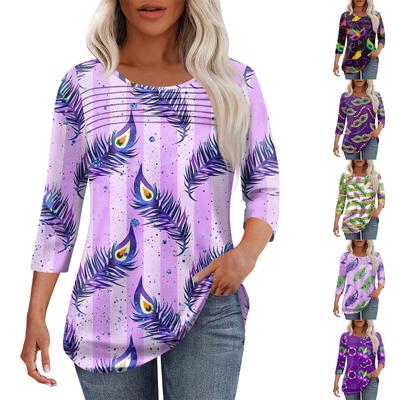 Женская мода круглый вырез шея плиссированная передняя планка с принтом рукав 3/4 топ