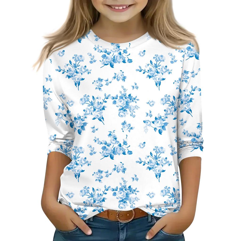 Топы с принтом для девочек 5-16 лет с круглым вырезом и рукавами 3/4 Футболки Модные топы Наряды Футболки
