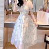 Vintage Chiffon Dress Summer Casual Square Collar Party Floral Dress Elegant Short Sleeve Long Dresses For Women 20044