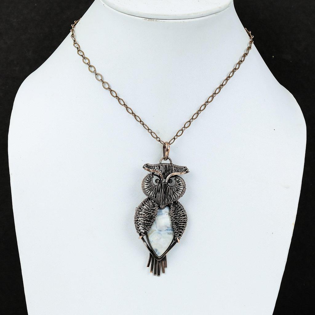 Подвеска из голубого шеелита, обернутая медной проволокой, Подвеска с драгоценным камнем, Медные украшения, Ручная работа, Подвеска-сова, Подарок на помолвку, Украшения, обернутые проволокой