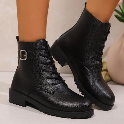 Lucyever Классические ботильоны с пряжкой Женские черные ботинки на платформе из искусственной кожи Женские осенние ботинки на низком каблуке на шнуровке