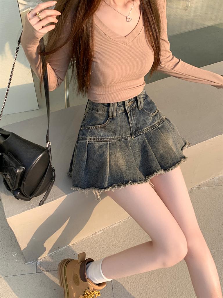Женские винтажные джинсовые юбки трапециевидной формы Y2k, уличная одежда с высокой талией для девочек, потертая юбка 90-х годов, плиссированные мини-юбки в стиле ретро, модный дизайн