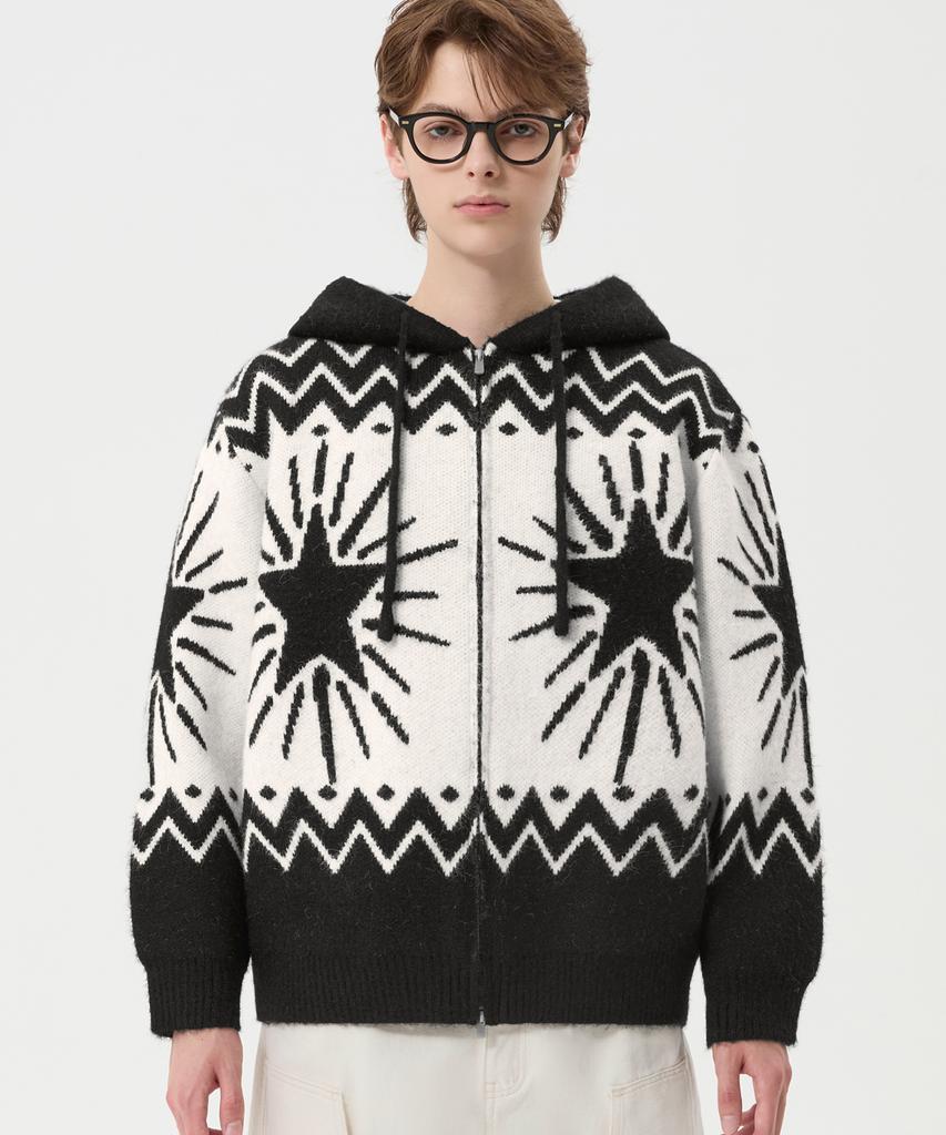 TRILLION Washable Wool Star Nordic Hooded Zip-Up Knit_Black