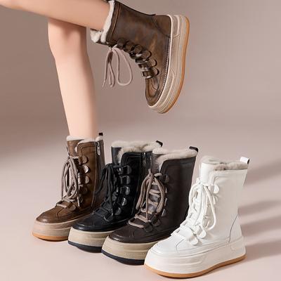 Женские зимние ботинки на толстой платформе, нескользящие, теплые, с меховой подкладкой, ботильоны, удобная обувь для ходьбы, кожаные ботинки до середины голени для женщин