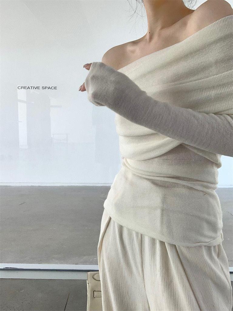 Женский облегающий трикотажный топ с открытыми плечами во французском стиле: Плиссированный дизайн Весна/Осень