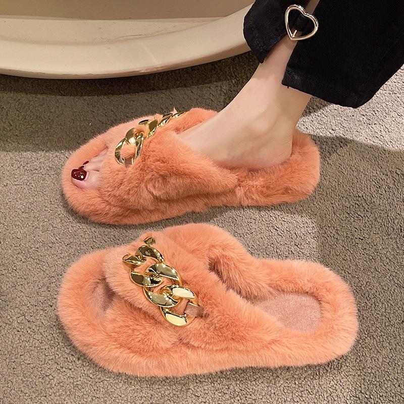 Тапочки Mao Mao женская уличная одежда 2025 весна и лето новые ins трендовые нескользящие с перекрестной цепочкой домашние милые осенне-зимние хлопковые тапочки-моп