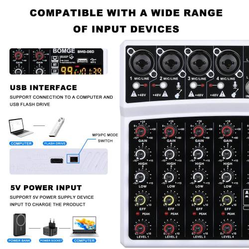 BOMGE 6-Channel DJ Audio Mixer with MP3, USB, Bluetooth, 48V Phantom Power, 5V Power Supply, and 99 DSP Echo Effects for Live Performances, Music, Kar
