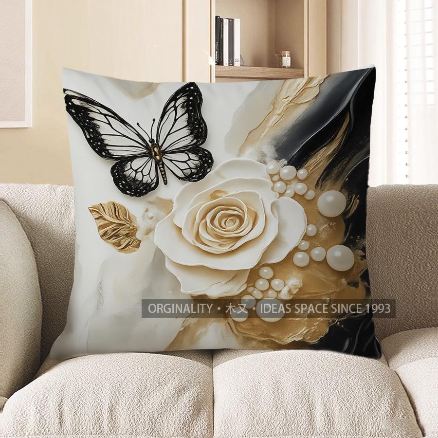 Home Decor Marble Pattern With Rose & Butterfly Pillow Pattern Cushion Cover Suitable For Sofa Bedroom Car Pillow Cover