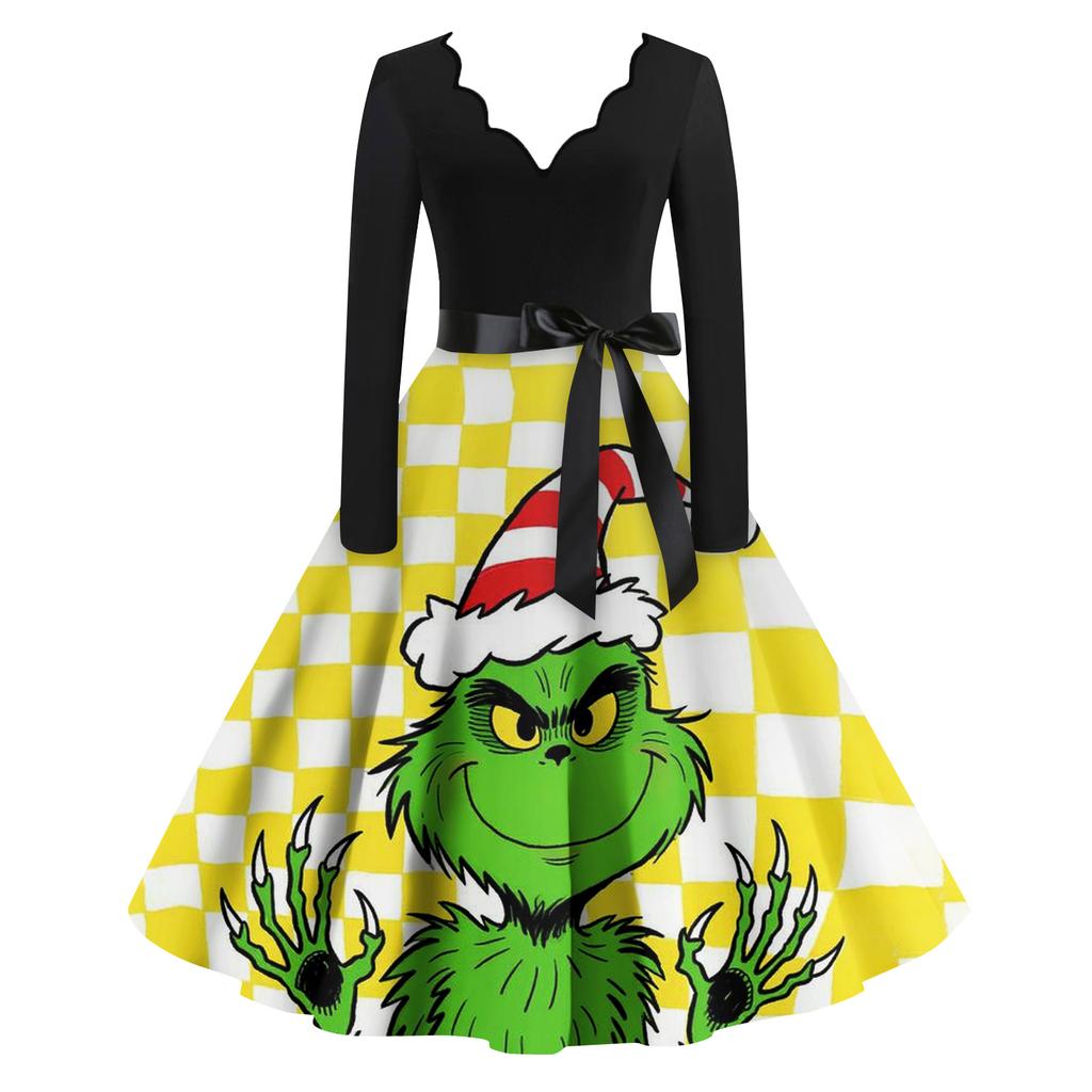 Женское модное ретро платье с длинным рукавом, квадратным вырезом, рождественским принтом, вечернее платье