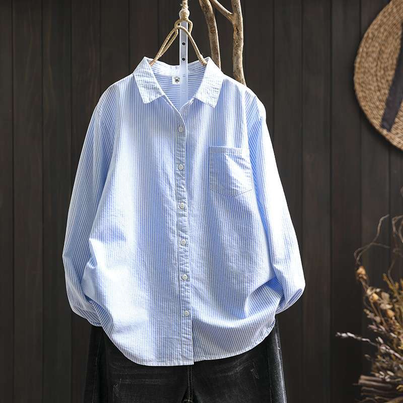 Карманная рубашка с длинным рукавом в вертикальную полоску для женщин, свободный повседневный и универсальный базовый топ