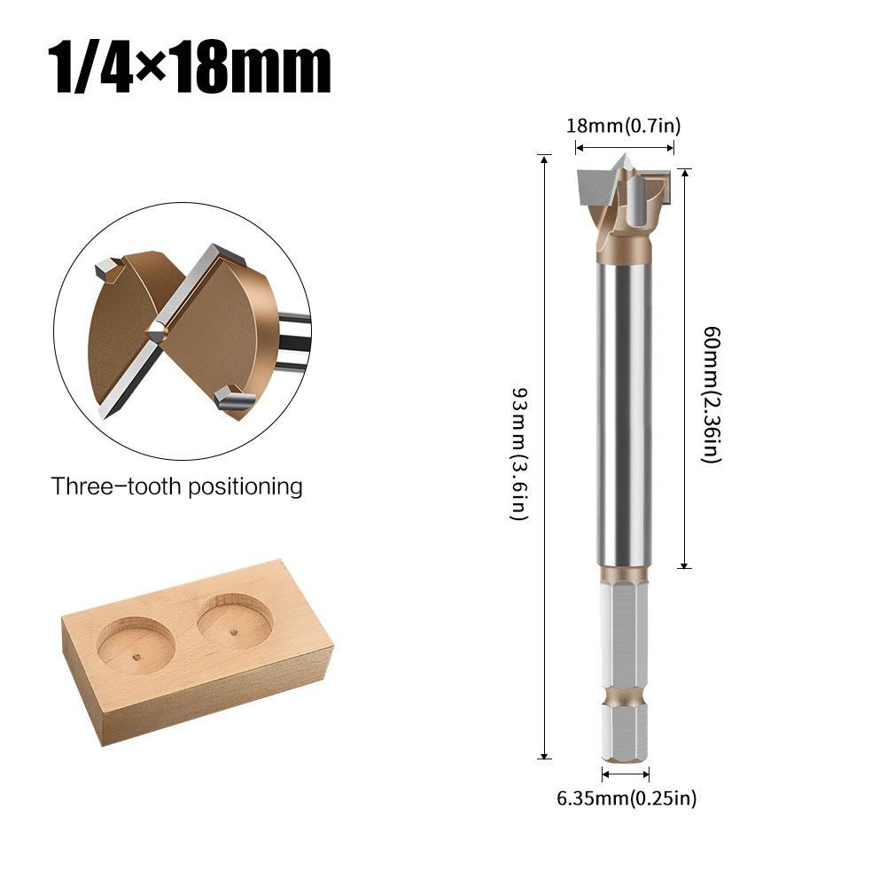 10mm to 50mm Professional Hexagonal Shank Woodworking Hinge Boring Bit Tungsten Carbide Blade Three-Tooth Double Blade Design