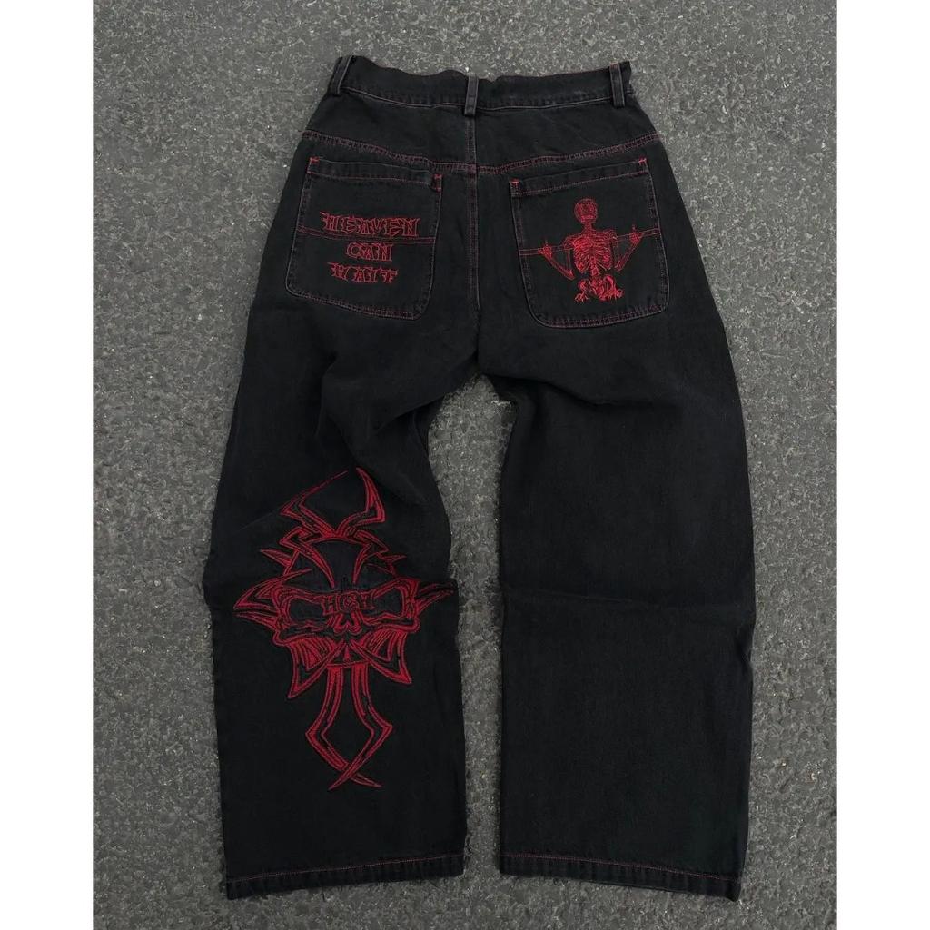 Y2K Jeans Mens Hip Hop Retro Skull Embroidery Washed Baggy Denim Pants New Straight Casual Loose Wide Leg Trouser Streetwear