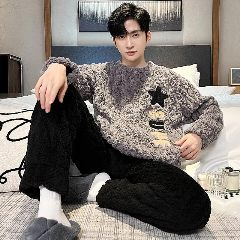 Высококачественная утолщенная теплая фланелевая пижама больших размеров для мужчин, зимняя ночная одежда, домашняя одежда в полоску, домашняя одежда с рисунком медведя