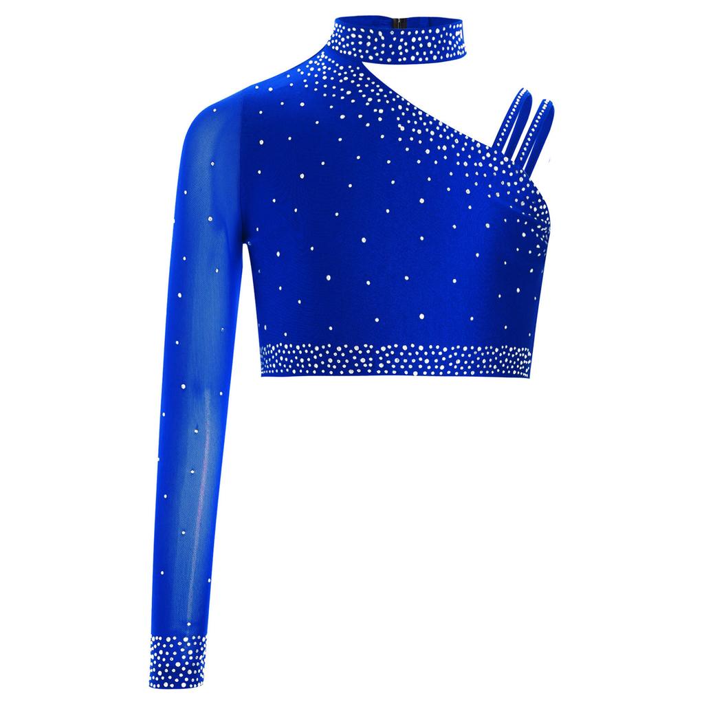 Girls Irregular Shoulder Sparkly Rhinestones Crop Top Dance Performance Stage Costume