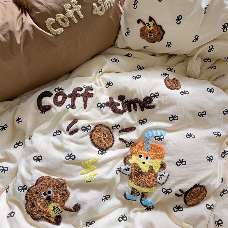 Cartoon Animal Embroidery Bedding Set For Adults Kids Cute Flat Fitted Sheet With Pillowcases Washed Cotton Colorful Full Size