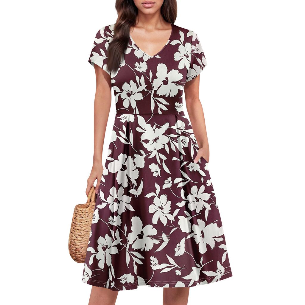 Womens Summer Dress Short Sleeve V Neck Short Dresses Fashion Casual Flowy A Line Swing Sundress With Pocket