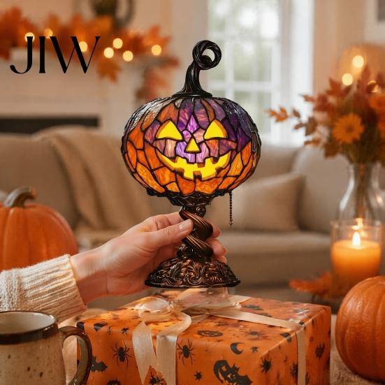 Dark Academia Desk Decor Stained Glass Halloween Pumpkin Table Lamp, USB Powered Resin Night Light with Gothic Home Warm Glow, Desktop Decorative
