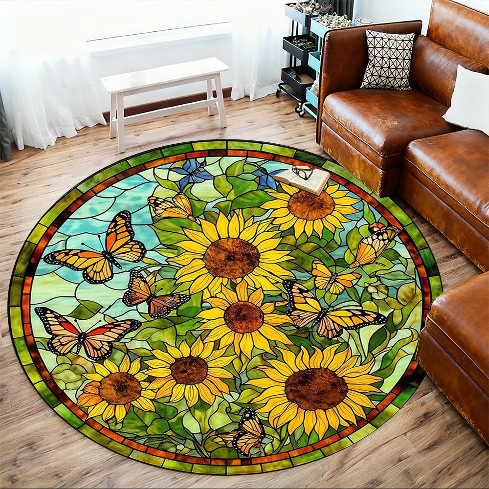 1pc Sunflower Butterfly Pattern Office Round Rugs, Under Chair Round Rugs for Living Room, Bedroom, Bathroom Decoration Carpet 091837