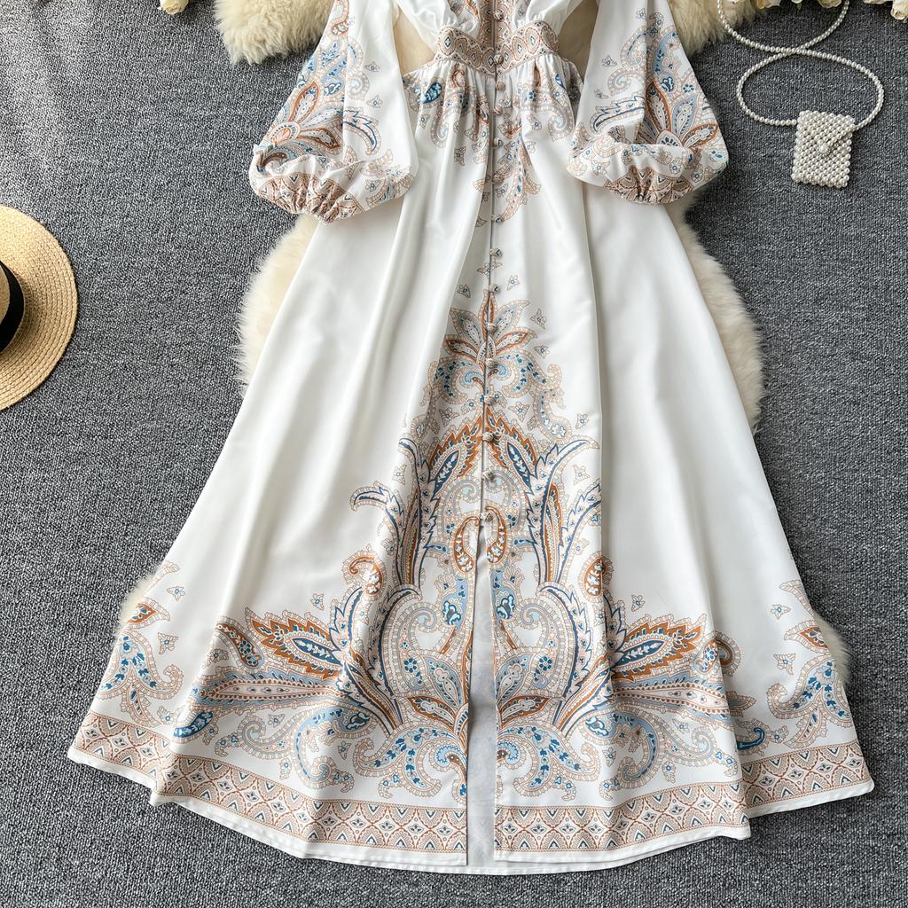 Элегантное длинное платье во французском стиле ретро, женские вечерние платья в придворном стиле с принтом пейсли, женские тонкие длинные платья трапециевидной формы с v-образным вырезом