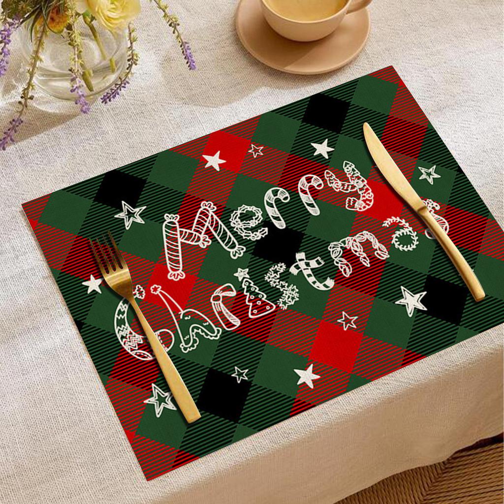 Christmas Xmas Snowflake Table Mat Red Green Plaid Holly Wreath Festive Placemat for Holiday Table Christmas Dinner Party Decor