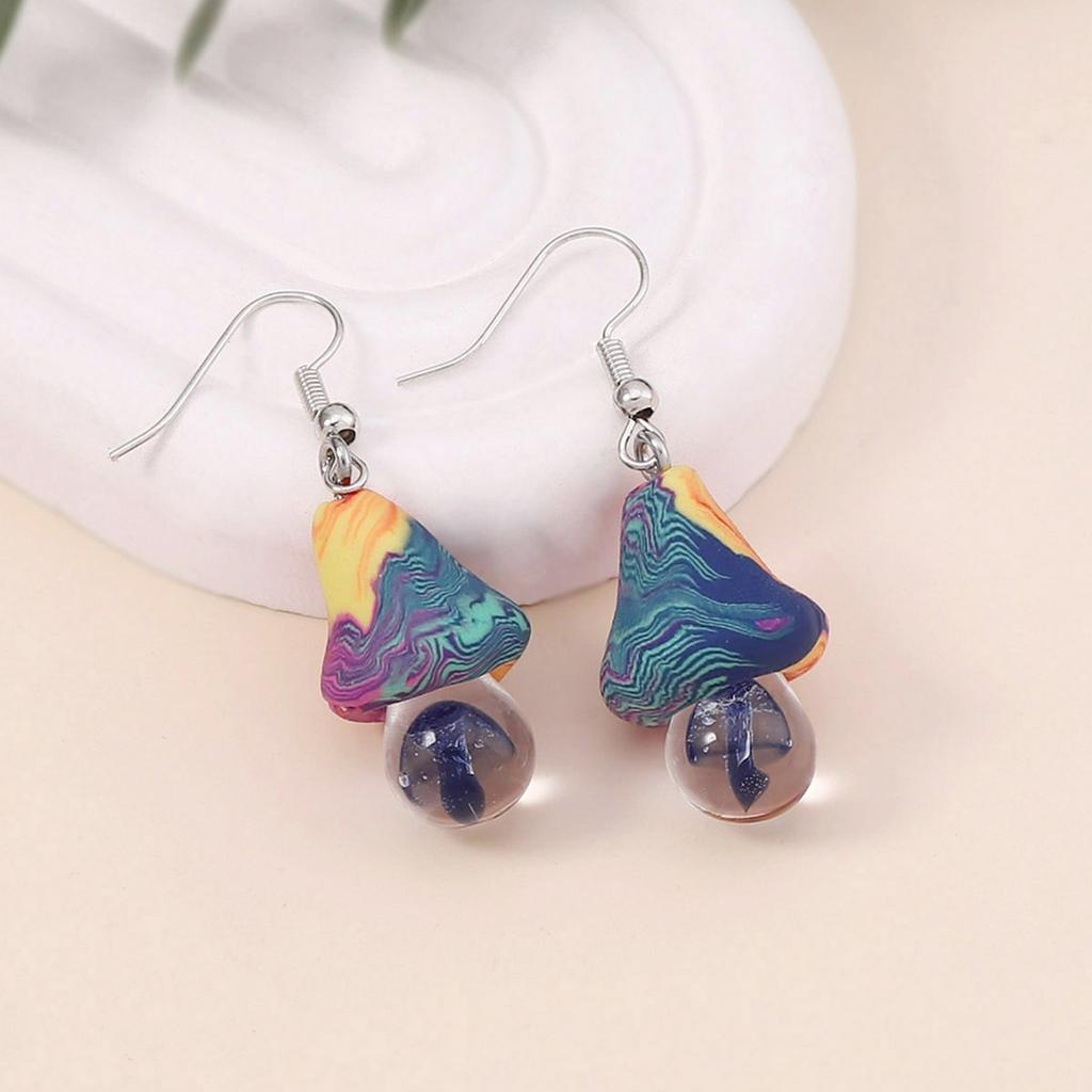 New soft pottery shiitake mushroom glazed beads cute personalized earrings, transparent simulated colored mushroom ear hooks