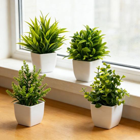 4 шт. Мини-искусственные зеленые растения в горшках, маленькие искусственные растения с горшком для дома, офиса, стола, полки, декора в стиле кантри, ванной комнаты