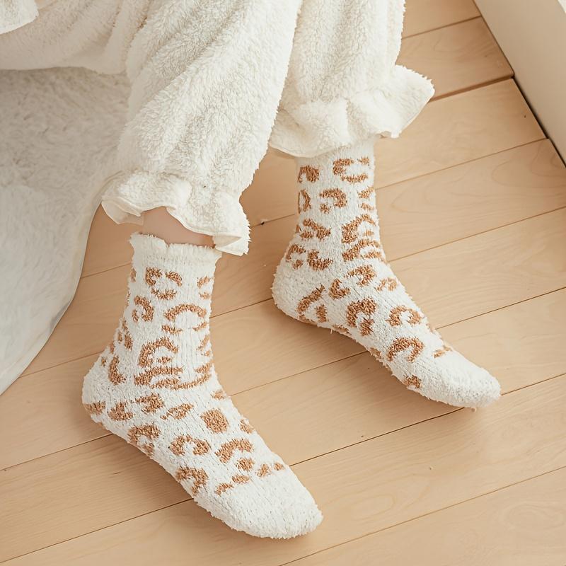 Random 5 Pairs of Colors Mixed Women'S Coral Fleece Mid-Calf Socks, Autumn Winter Fleece Thick Warm Socks, Fashion Leopard Print